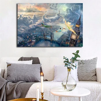 

Wonderful Fairy And Peter Pan Fly To Neverland By Thomas Kinkade Art Canvas Poster Painting Wall Picture Print Home Decor