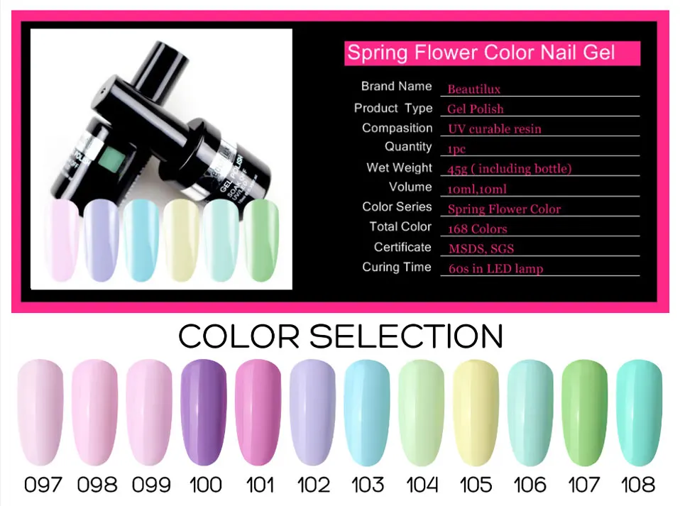 Beautilux 1pc Spring Collection Light Pink Blue Purple Flower Color UV LED Gel Nail Polish Gels Varnish Lacquer Esmalte 10ml (1)