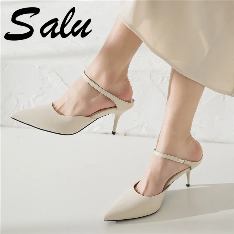 

Salu Fashion Women Sandals Thin High Heel Pointed Toe All Match Wedding Women Shoes Genuine Leather Women Sandals Size 34-40