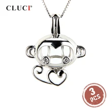 CLUCI 3 шт 925 пробы серебро с милой обезьянкой в форме подвески-клетки Для женщин серебро 925 медальон из жемчуга для Цепочки и ожерелья ювелирные изделия