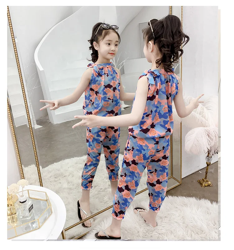Conjuntos de Roupas Leopardo sem Mangas Camiseta + Calças Novas Crianças Verão Meninas Esportes Conjunto 2 Peças Roupas 4 6 8 10 12 13 Anos 2020 12 High Quality Mamãe e Bebê