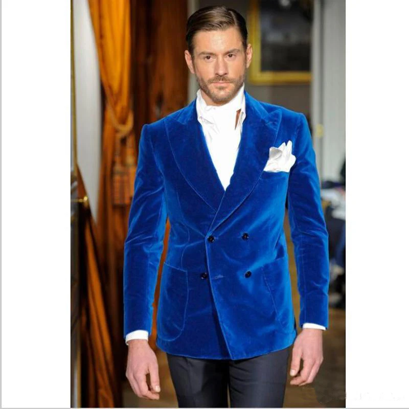 3.1    Royal Blue Velvet Mens Suits Groom Tuxedos Groomsmen Peaked Lapel Double Breasted Wedding Suits 2Pieces (Jacket+Pants) Custom Made
