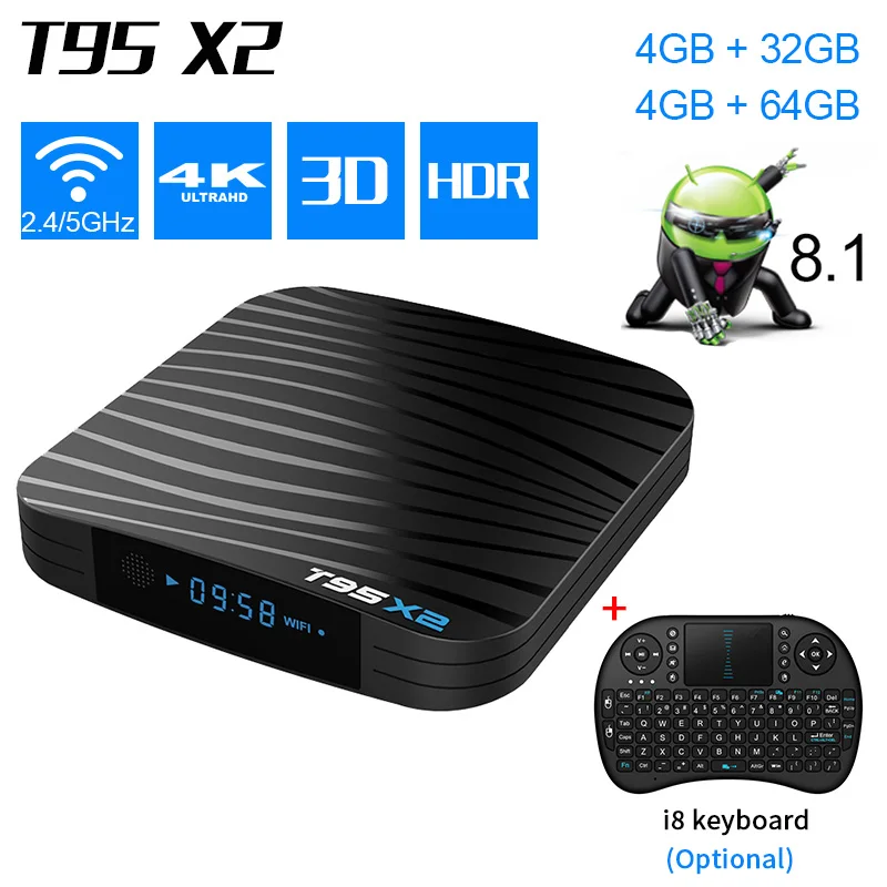 

T95X2 Smart TV Box Android 8.1 Amlogic S905X2 Quad Core DDR4 4GB 64GB Bluetooth USB3.0 2.4G WIFI 3D 4K HDR Media Player