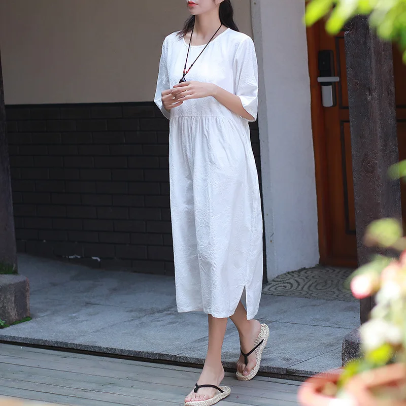 

ORIGOODS Cotton Linen O-neck Women Long Dress Solid White Red Vintage Summer Dress Women Loose Casual Midi Dress Vestidos C173