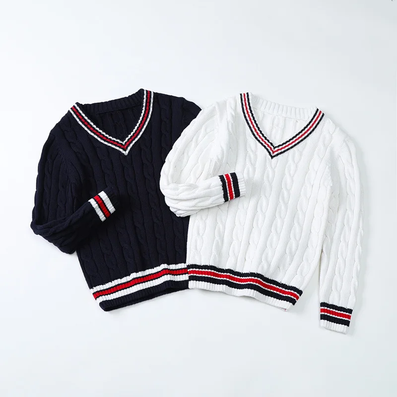 

Boys Sweater Knitted Autumn Winter V-Neck tops Preppy Style Baby Boys Knit Sweaters Kids Pullover White Clothes Knit Cotton Tops