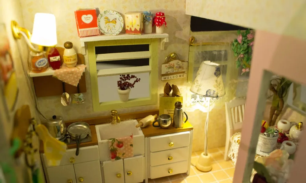 Miniature Cozy Kitchen Craft Model Wood Dollhouse Furniture Led