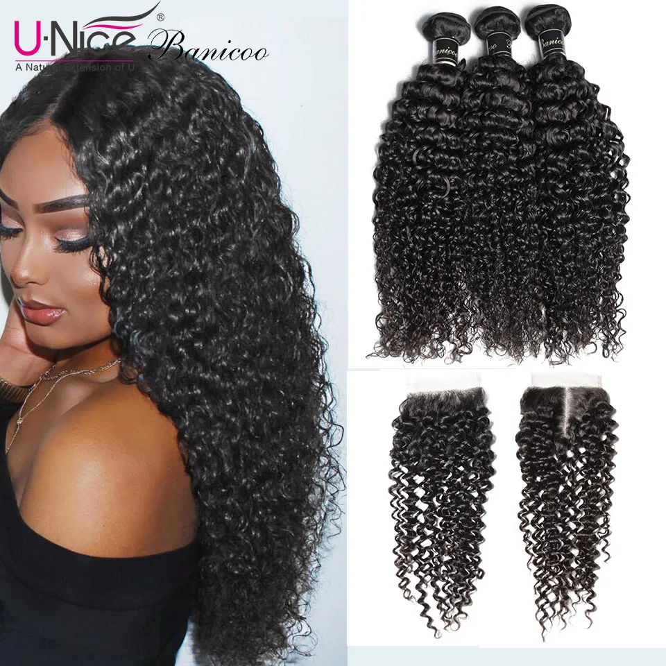 

UNice Hair Banicoo Series 10A Kinky Curly Bundles With Closure Brazilian Raw Hair Curly 3 Bundles With Closure Virgin Hair