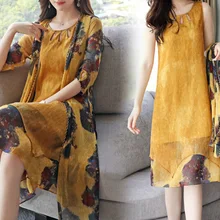 Летний Европейский и американский женский костюм два набора длинных шифоновых платьев с коротким рукавом