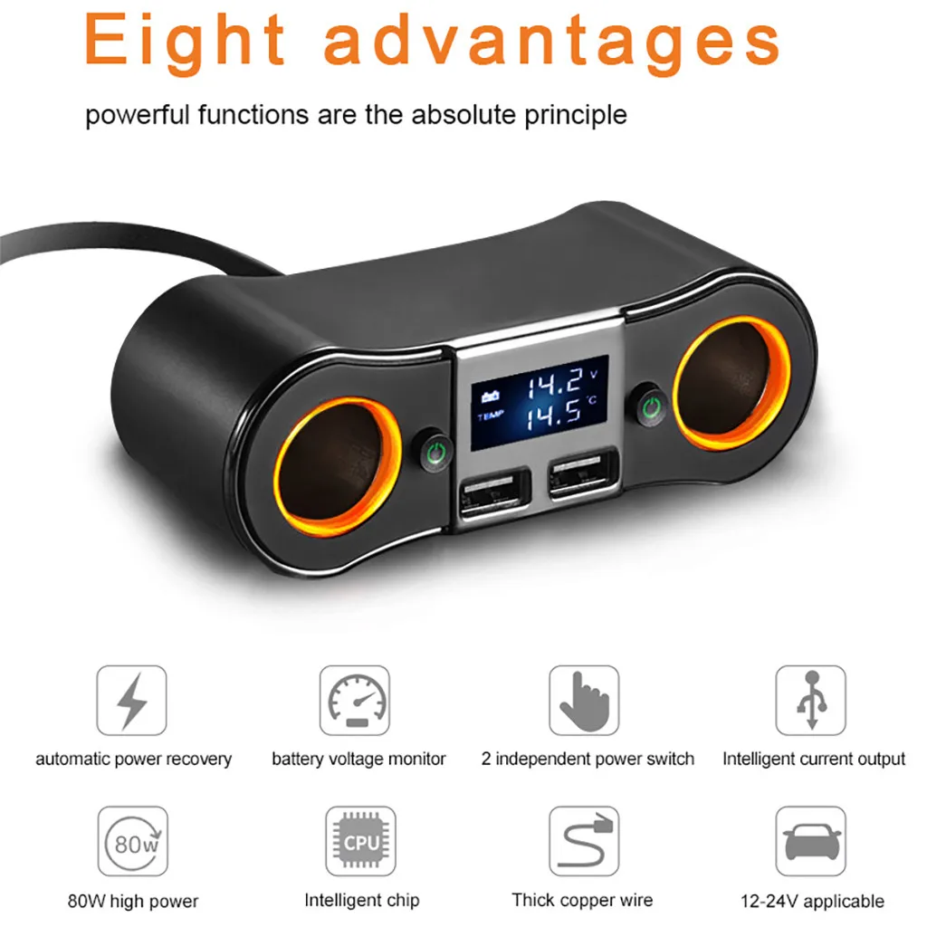 Беспроводной Bluetooth fm-передатчик, автомобильный комплект, автомобильный прикуриватель, один для двух, высокая мощность, двойной USB, цифровой дисплей, линия