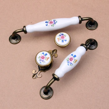 Door Handle Vintage Ceramic Metal Flower White Bronze Door Handles Kitchen Cabinet Wardrobe Cupboard Drawer Pull Knobs