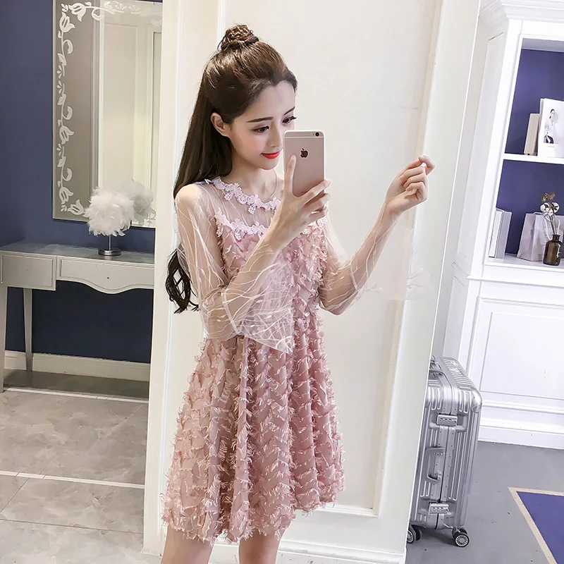 Online 2018 Musim Panas Wanita gaun Panjang Flare Lengan Patchwork Mesh Gaun Sifon Embun Bahu Pinggang Hati hati L0813 Putih Pink Hitam