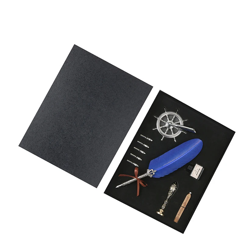 

Feather Quill Pen Fountain Dip Pen Set Wit Ink, Holder And Nibs Antique With Box