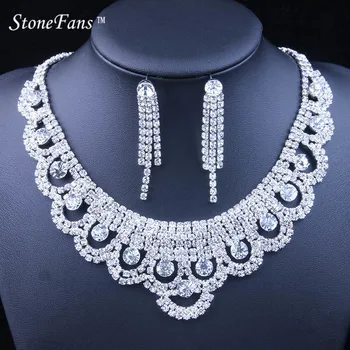 

StoneFans Silver Color Round Crystal Bridal Jewelry Sets Newest Evening Accessories Wedding Party Necklace Set For Women Jewelry