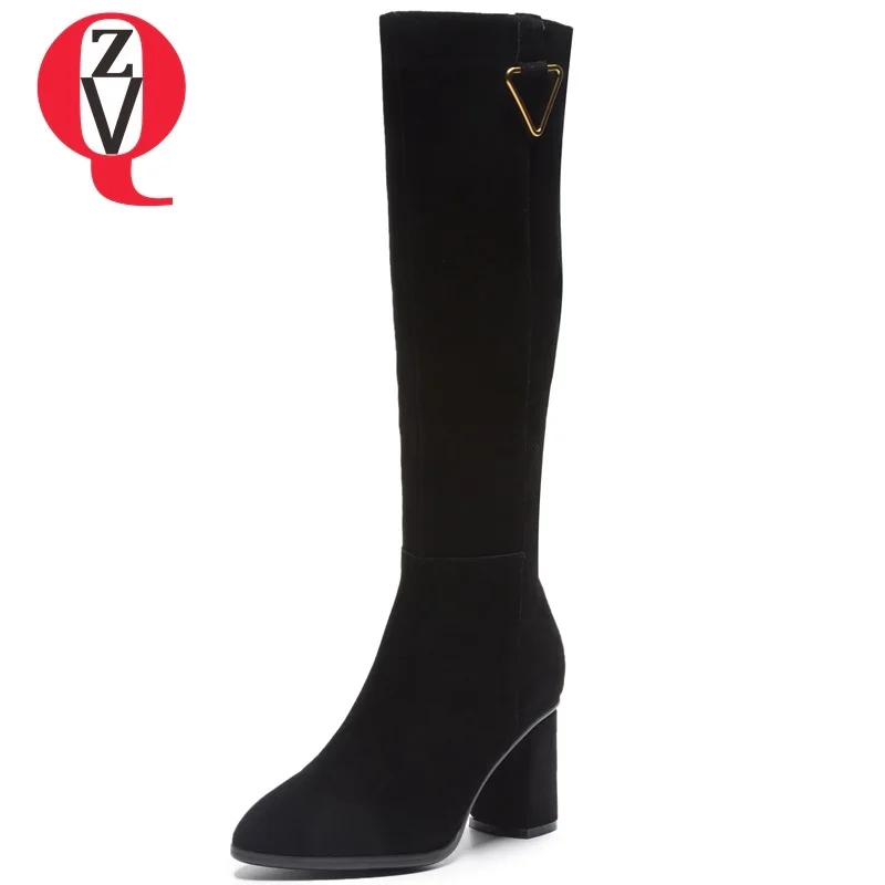 

ZVQ winter warm round toe cow suede shoes women outside warm high square heel zip black fashion metal decoration knee high boots