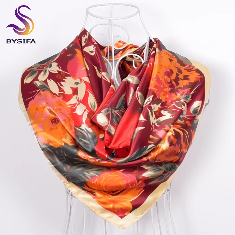 

[BYSIFA] China Style Satin Scarves Printed 2016 Fashion Women Accessories Elegant Roses Large Square Silk Scarf Hijab 90*90CM