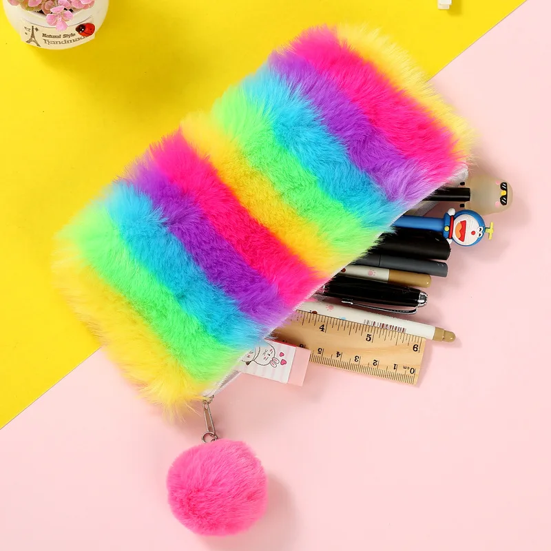 

Pencil Case Kawaii Pen Box Laser Plush Ball School Supplies Stationery Rainbow Iridescent Makeup Bags Storage Student Tools Gift