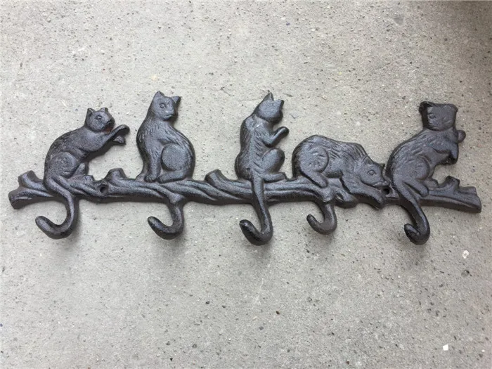 3 Cast Iron Rustic Cat Tail Coat Wall Hooks Decorative Key Hanger Cat