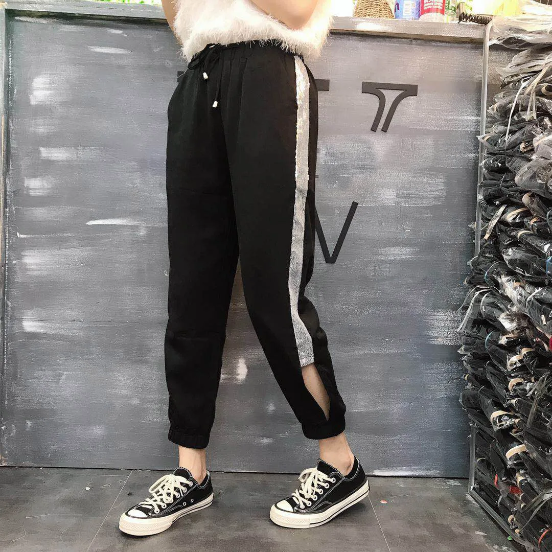 

Plus Size Drawstring Waist Loose Harem Sweatpant Women Cut Hollow Sexy Beading Rhinestone Sequin Pant Jogger Streetwear Workout