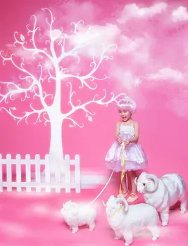 

5*6.5ft Pink Background Photography White Clound Vintage Fence with Sheep Photo Backdrop for Newborn Baby Photo Studio Props