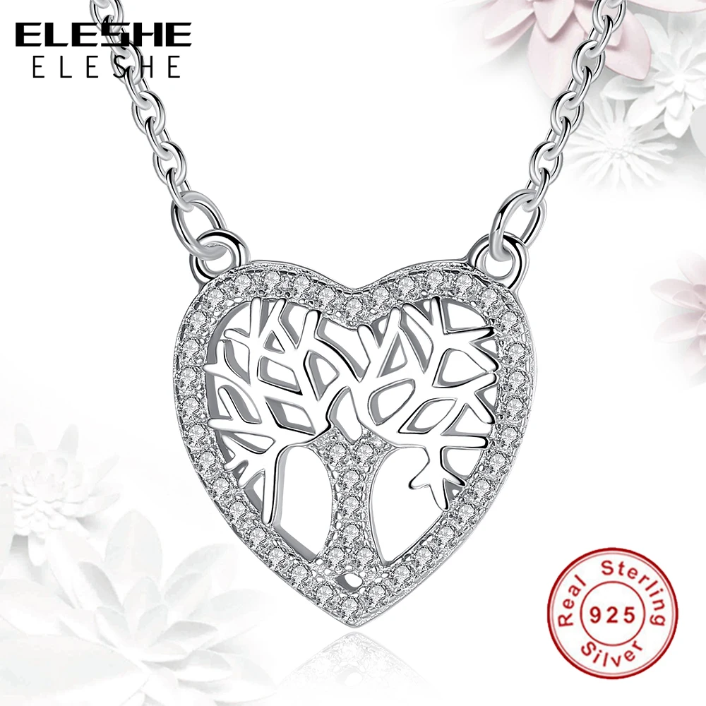 ELESHE Romantic Real 925 Sterling Silver Crystal Heart Shape Tree of Life Pendant Necklaces for Women Fashion Jewelry Collares