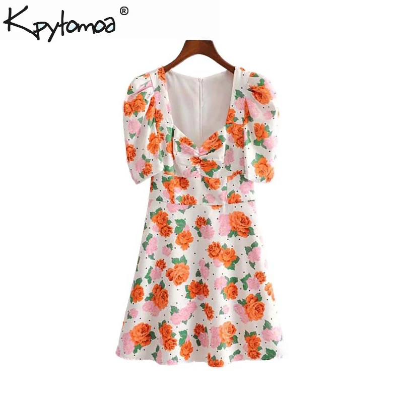 

Vintage Stylish Floral Print Mini Dress Women 2019 Fashion V Neck Puff Sleeve Back Zipper Ladies Dresses Casual Vestidos Mujer
