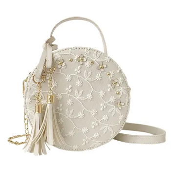 

Fashion Women Embroidery Tassel Crossbody Bags Round Tote Handbags Shoulder Bag For Women bolsa feminina