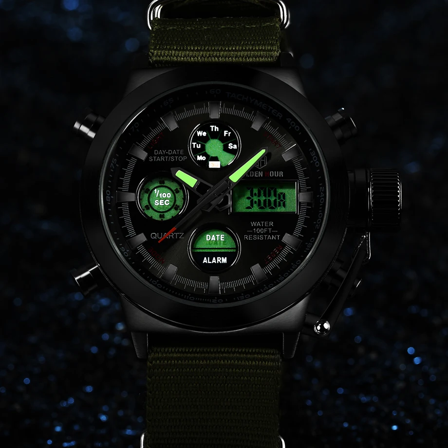 Fashion Army Cool Men Military Watch Canvas Strap Hours Steel Case 3 ATM Waterproof Sports LED Digi