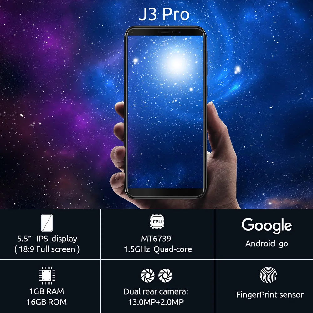 Мобильный телефон Cubot J3 PRO 4G, 5,5 дюймов, 18:9, полный дисплей, 16 Гб ПЗУ, 1 ГБ ОЗУ, 13 МП+ 2 МП, камера заднего вида, 2800 мАч, смартфон с отпечатком пальца