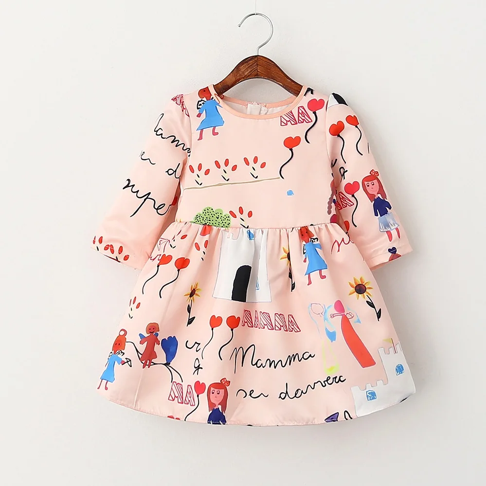 Girl Print Character Dress Cute O neck Zipper Dresses for Baby girls Children Clothing Gifts New