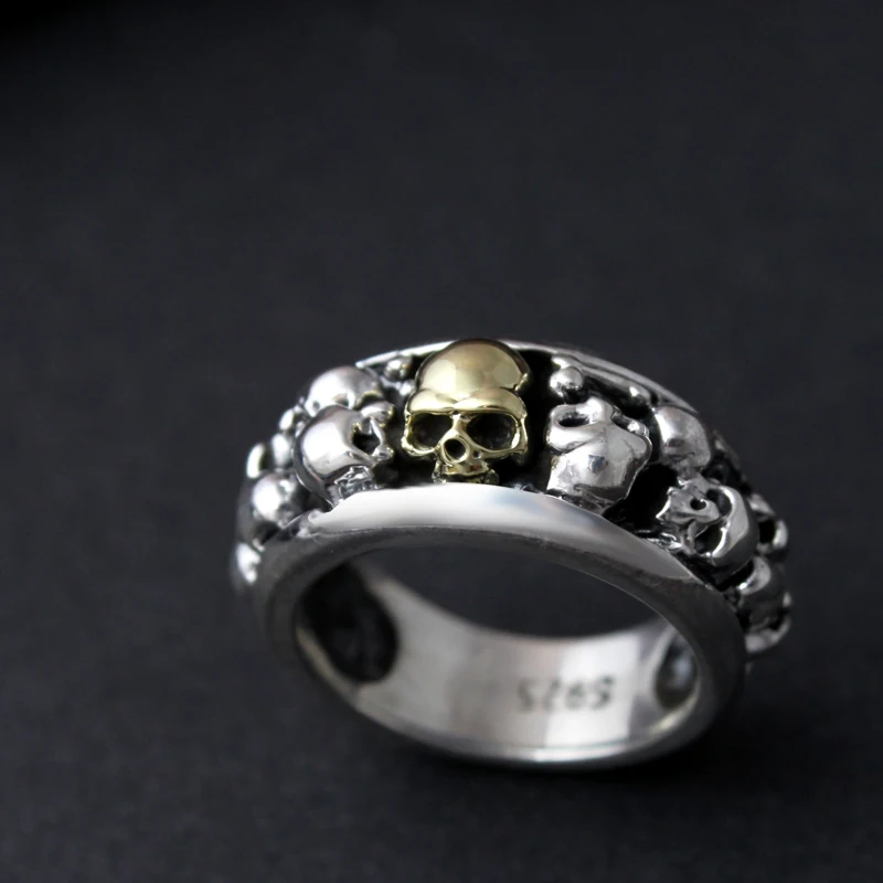 Gothic 100% Real 925 Sterling Silver Ring for Men with Many Skulls Boys Vintage Cool Punk Style Thai Silver Skeleton Rings Band