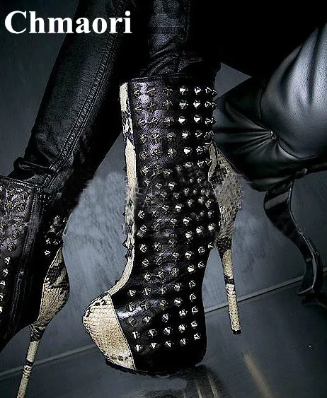 

Free Shipping 2018 Sexy Rivets Decorated Mixed Color Woman Ankle Boots Round Toe High Heels Dress Party Platform Shoes Woman