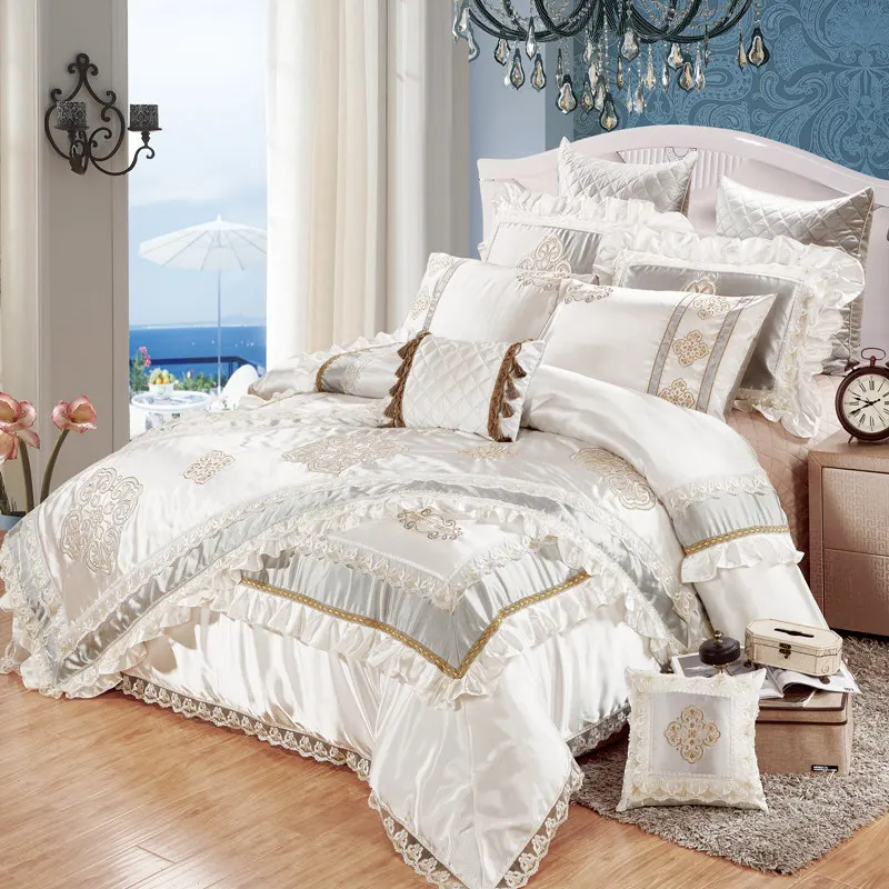 

Silver Luxury European Style 11pcs bedding bedspread linens embroidered silk/cotton fabric King Size duvet cover set bed flag