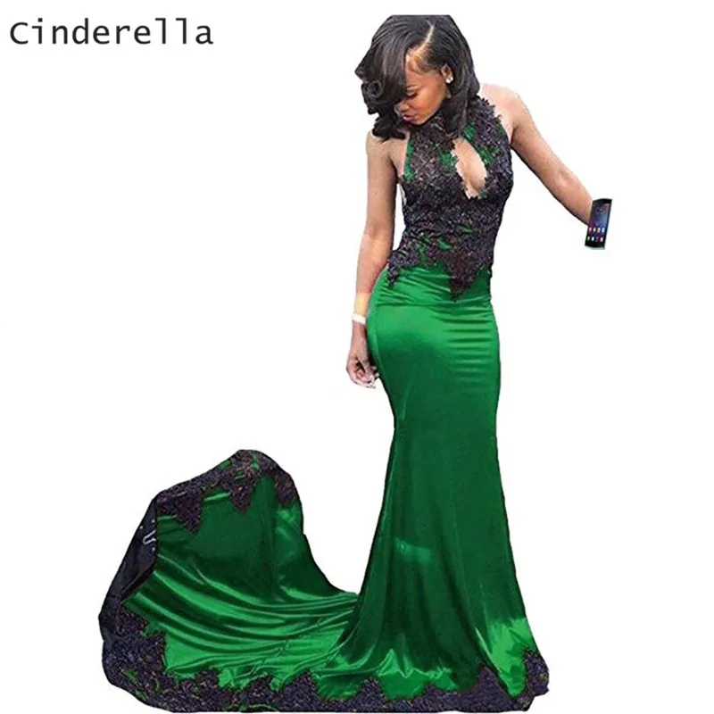 

Cinderella Halter Sleeveless Mermaid Lace Applique Crystal Silk Satin Evening Dresses Simple Style Mermaid Lace Prom Party Gowns