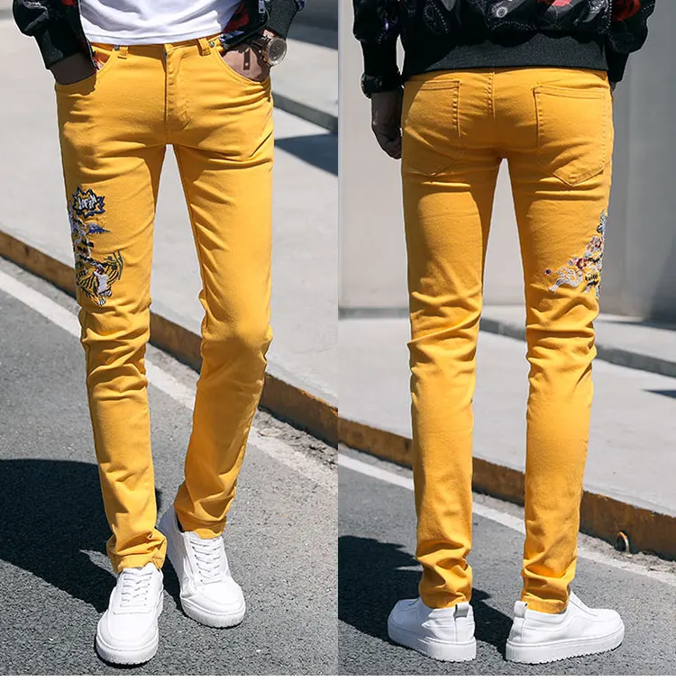 Fashion Streetwear Mens Jeans Slim Fit Elastic Punk Pants Hip Hop Jeans Embroidery Denim Trousers Men Pink Yellow Green Color