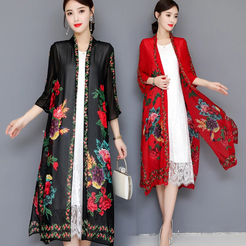 

Plus Size XL-5XL Sun Protection Clothing Female Summer New Korean Loose Section Cardigan Outside Shawl Floral Chiffon Coat CK319