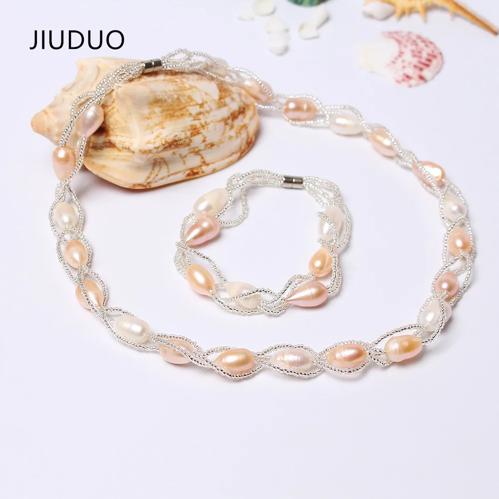 

JIUUDUO Luxury Wedding Jewelry Set for Women Natural Freshwater Pearl Necklace Bracelet Bridal Jewellery Set Bijoux Mariage JS04