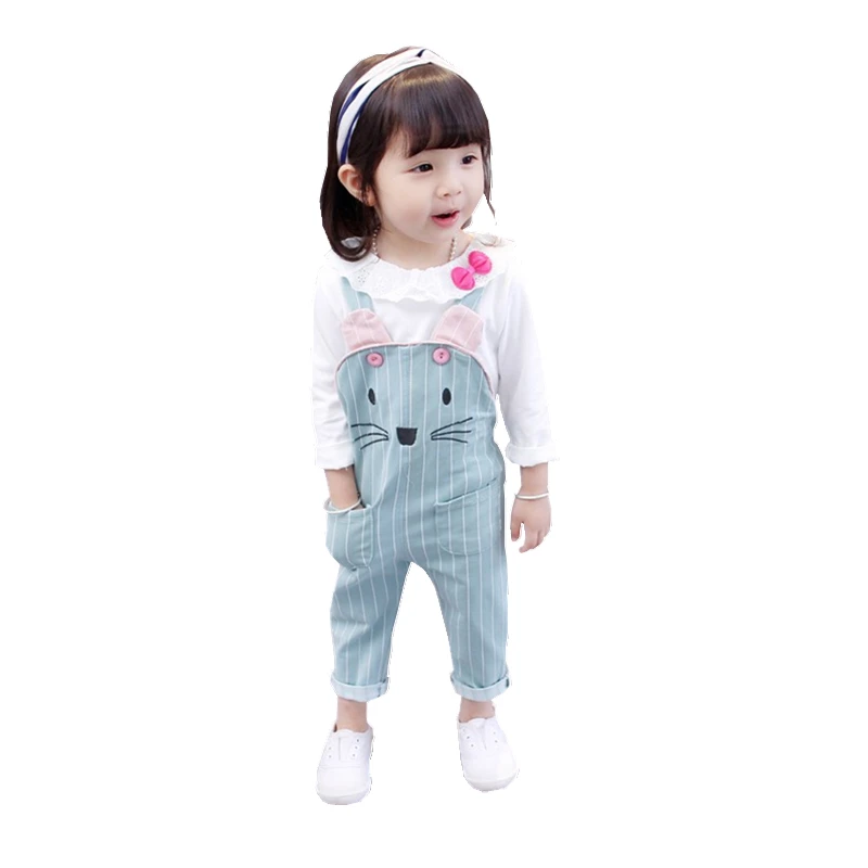 

Toddler Cartoon Cat Tracksuit Spring Autumn Fashion Baby Girl T-Shirt Striped Belt Pants 2 Pcs/set Children Cotton Sport Clothes