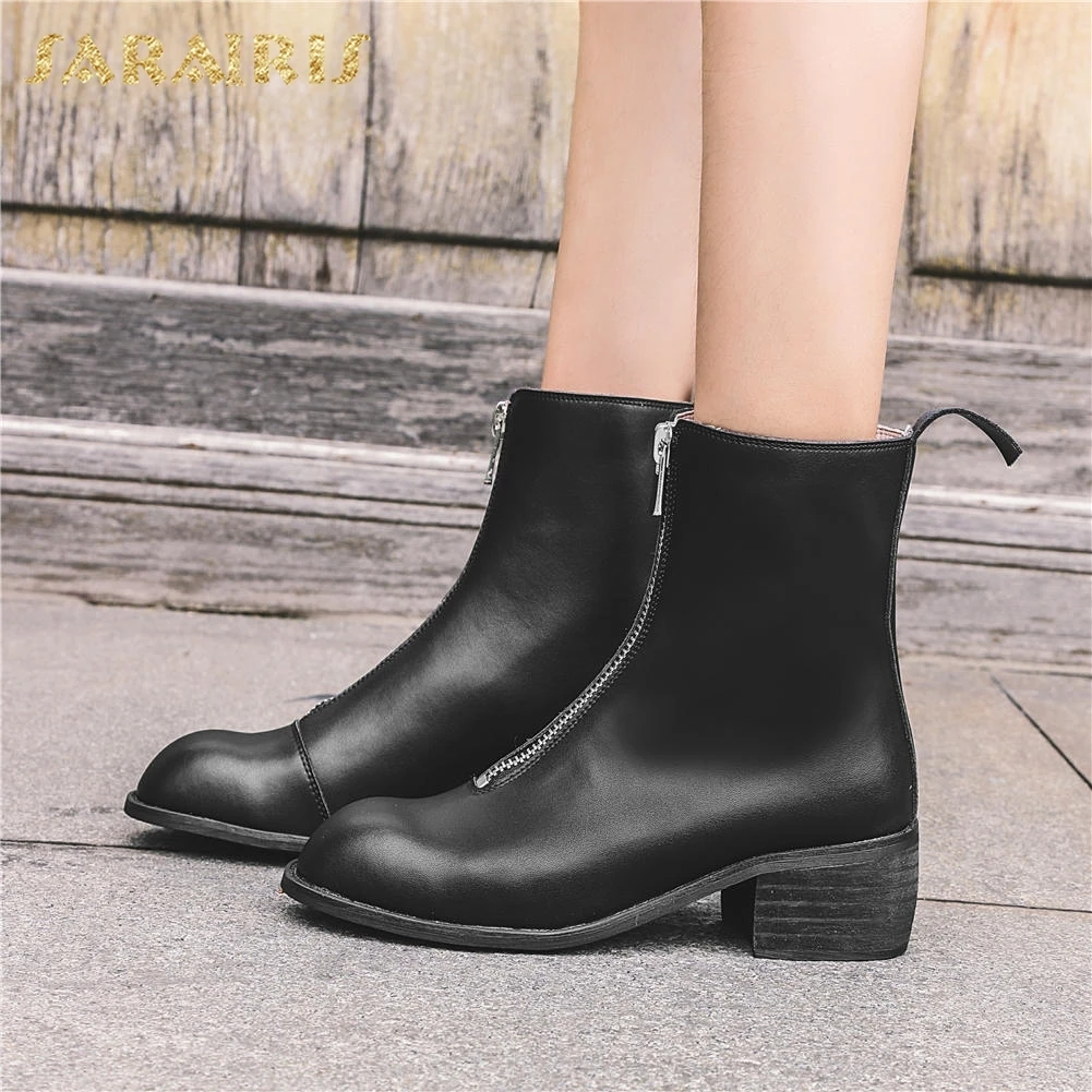 

SARAIRIS NEW Cow Leather Sweet Hot Sale Genuine Leather Ankle Boots Woman Shoes Square Heels Boots Female Shoes Woman