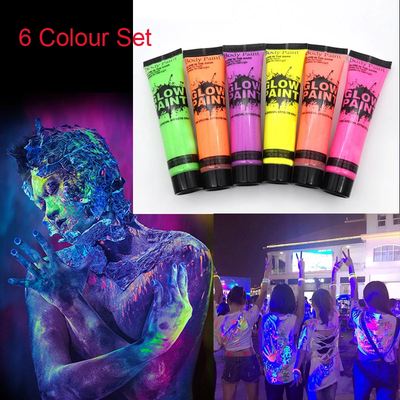 

6pcs 10ml Body Face Art Paint Tool Neon Fluorescent Party Festival Halloween Cosplay Makeup Face Paint UV Glow Painting Toys Kit