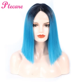 

Plecare Ombre Synthetic Lace Front Wig Straight Hair 14 Inch Pruiken For Women Wig Blue High Temperature Fiber Short Wigs