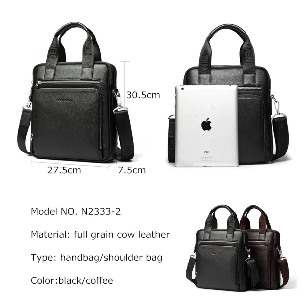 BISON DENIM Genuine Leather Men's Briefcase Business Handbag Shoulder Messenger ipad Laptop Bag Men's Tote N2333 student briefcase