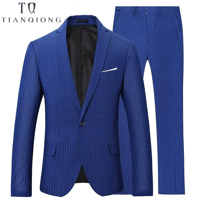 TIAN QIONG Men Suits 2018 Brand Clothing Stripe Men Formal Suit Blue