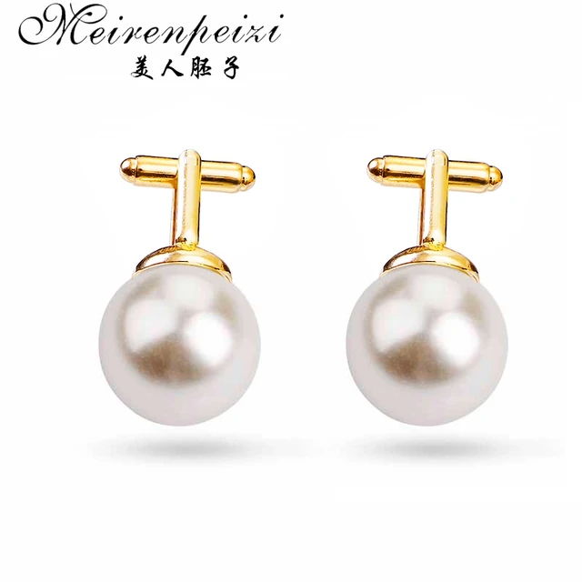 Vintage Beads Cufflinks for Men Women Round White Imitation Pearl Cuff Link Business Suit Cuff Buttons Wedding Party Gift as photo