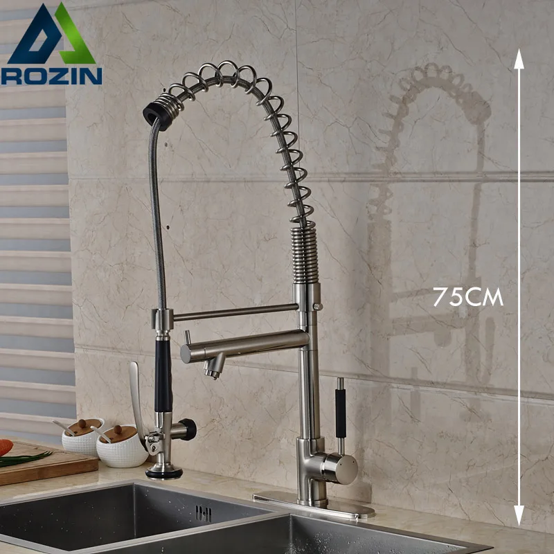 

75cm Brushed Nickel Hot and Cold Kitchen Faucet Deck Mount Single Hole Bathroom Kitchen Mixers Handsfree Sprayer with Hook