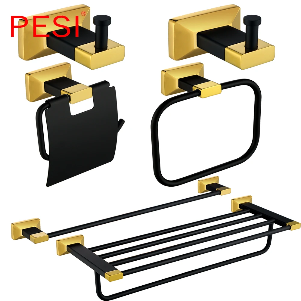 

All Brass Bathroom Hardware Set Robe Hook Towel Rail Rack Bar Shelf Paper Holder Toothbrush Holder Bathroom Accessories,Black.