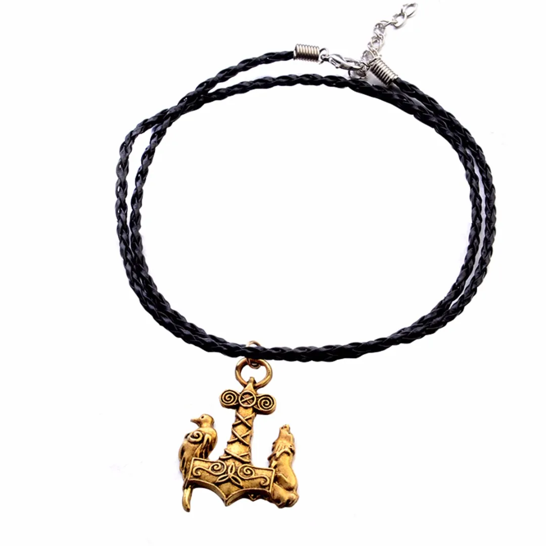 Nordic Viking Wolf & Raven Bird Ancient Jewelry Black Leather Necklace