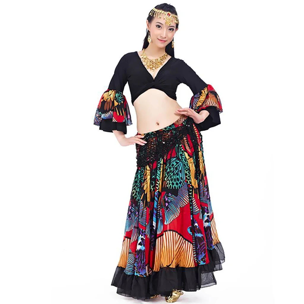 Tribal Gypsy Style Flamenco Belly Dance Costume Set for Women Chiffon Top and Butterfly Print Swing Maxi Skirt