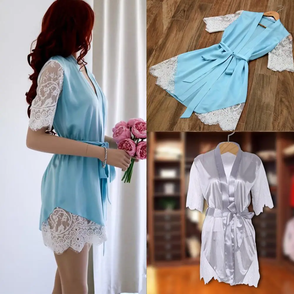 

Women Block Faux Silk Lingerie Bath Robe Half Sleeves Sheer Eyelash Floral Lace Patchwork Nightgown Belted Waist Sleepwear