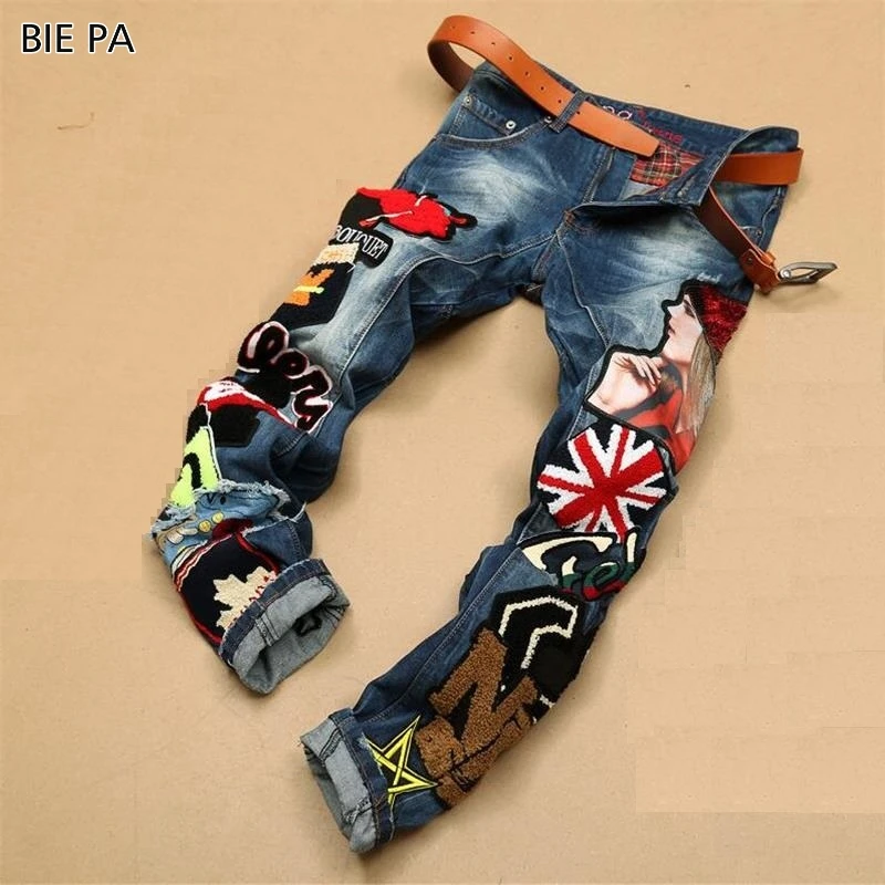 2018 new men jeans American style 100% cotton denim hip hop patchwork of national flag fashion jeans men #597