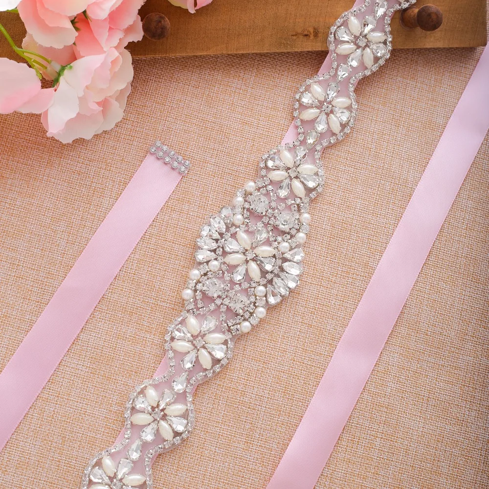 SESTHFAR Rhinestones Wedding Belt Pearls Flower Bridal Belt Silver Crystal Bridal Sash For Wedding Prom Gown